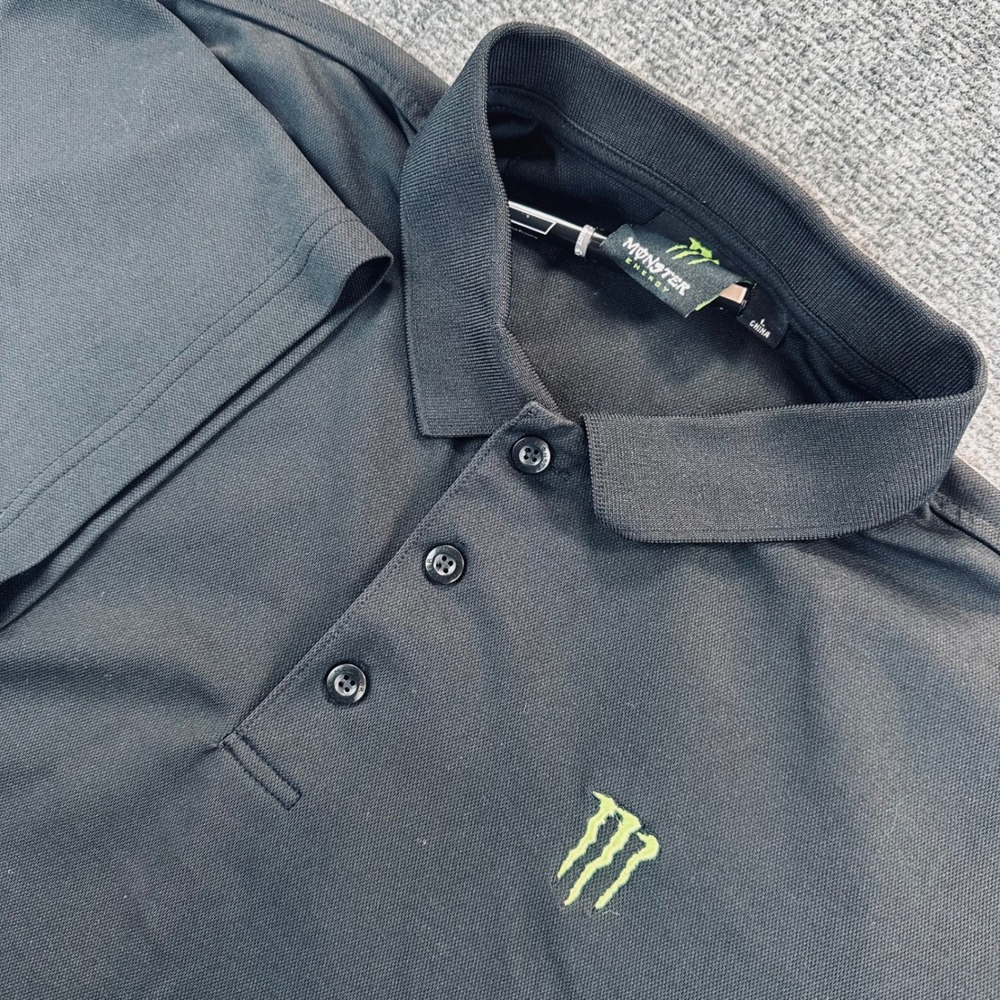 Monster Energy Mens L Black Short Sleeve Embroidered Logo Polo Shirt Golf Casual